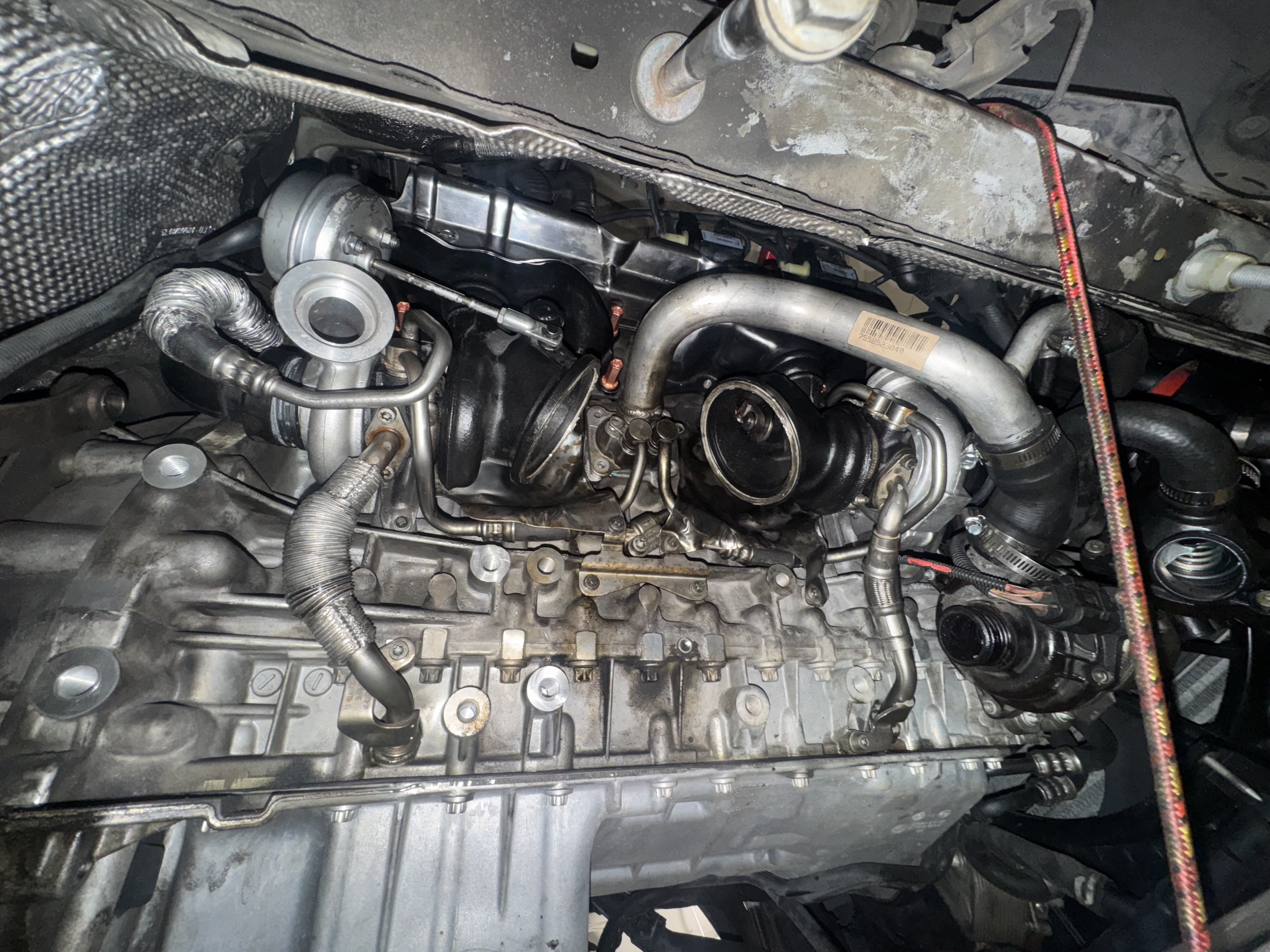 Twin turbo engine system during repair